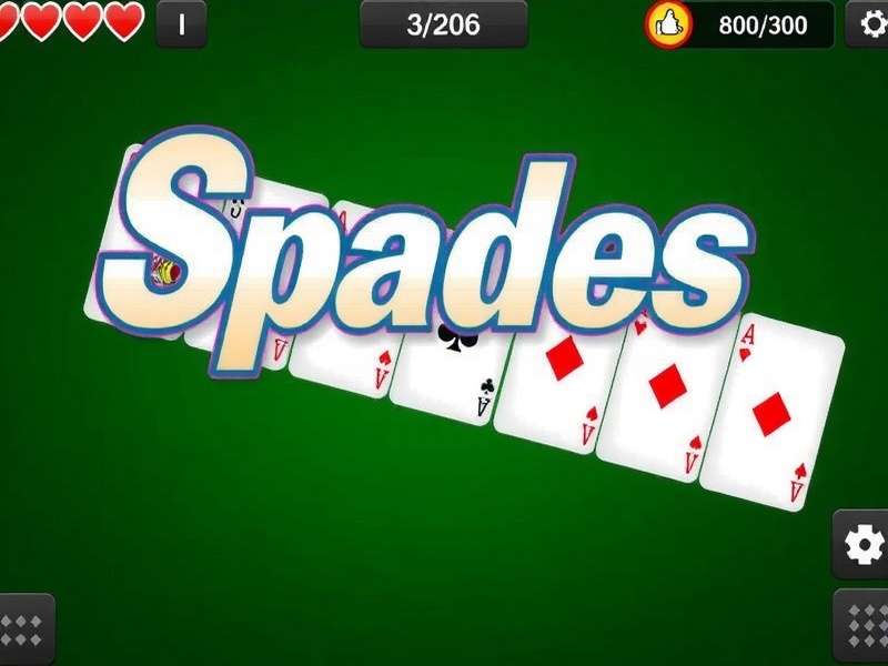 Spades card game table setup with four players and score sheet